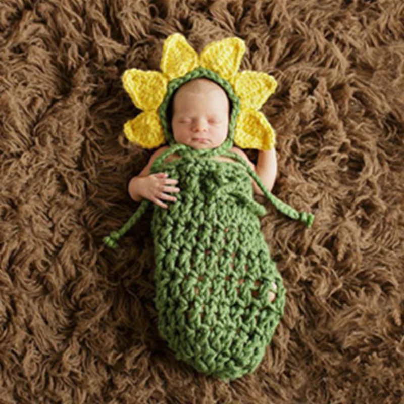 Baby photography props cute sunflower outfit newborn photo accessories crochet hat with sleep bag infant picture shoot suit gift | Детская