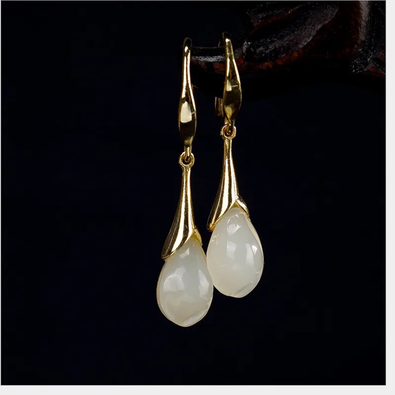 Женские Висячие серьги с натуральным белым нефритовым цветком из стерлингового