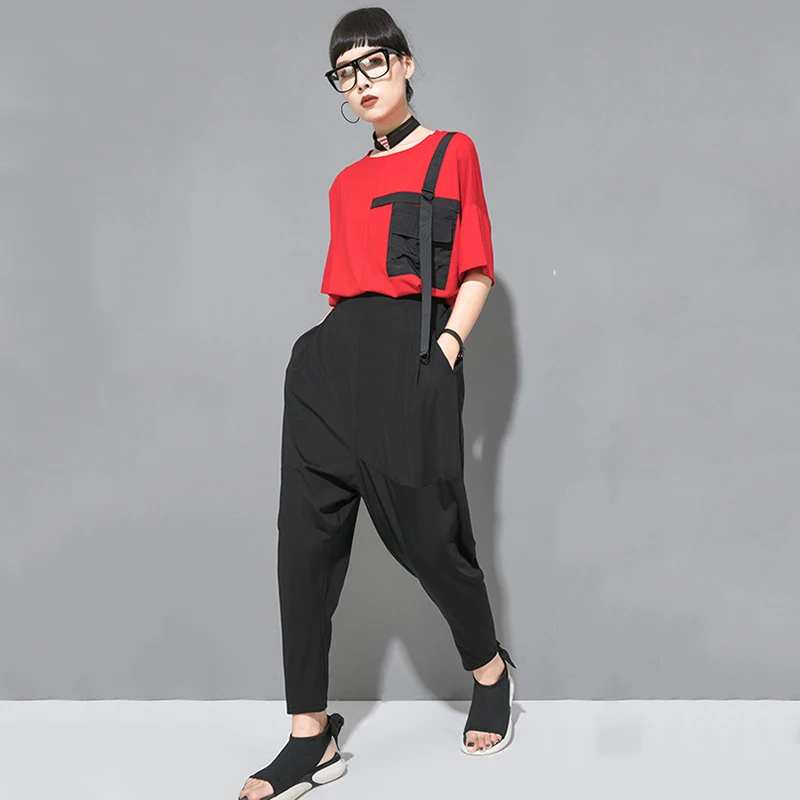 [EAM] New Autumn Winter High Elastic Waist Black Leisure Pocket Stitch Loose Harem Pants Women Trousers Fashion Tide JW997