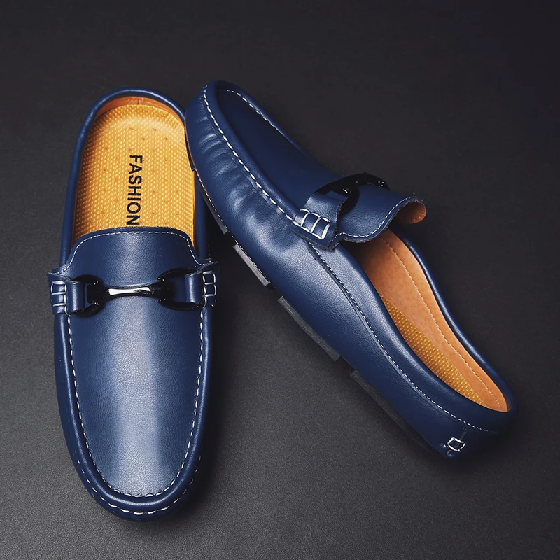 New Summer Men Flats Mules Slip on Genuine Leather Slides Shoes Man Soft Leather Casual Slipper