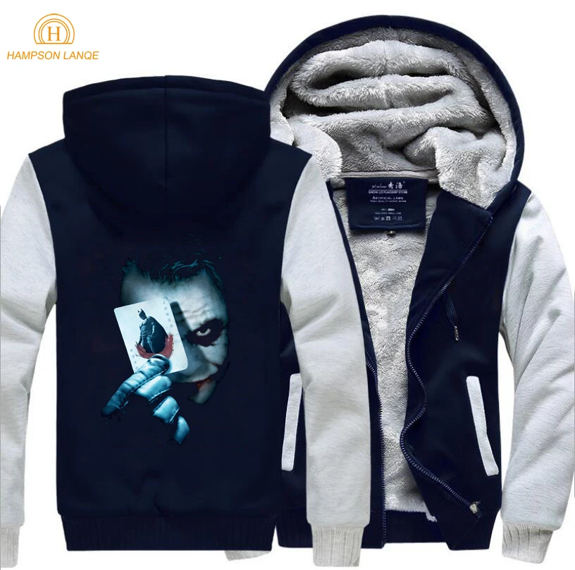 gray dark blue Бэтмен 2 Джокер Хит Леджер принт мужские толстовки Мода хип хоп Уличная Зима теплые мужские утепленные толстовки Мужская куртка - Цвет: gray dark blue