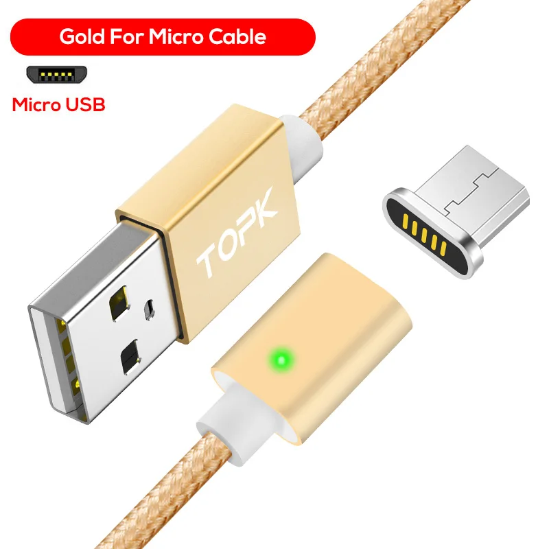 Gold TOPK 1 м 2 м 2.4A Магнитный Micro USB кабель, обновленный нейлоновый Плетеный светодиодный usb-кабель с индикатором для зарядки телефонов Micro USB для samsung - Цвет: Gold