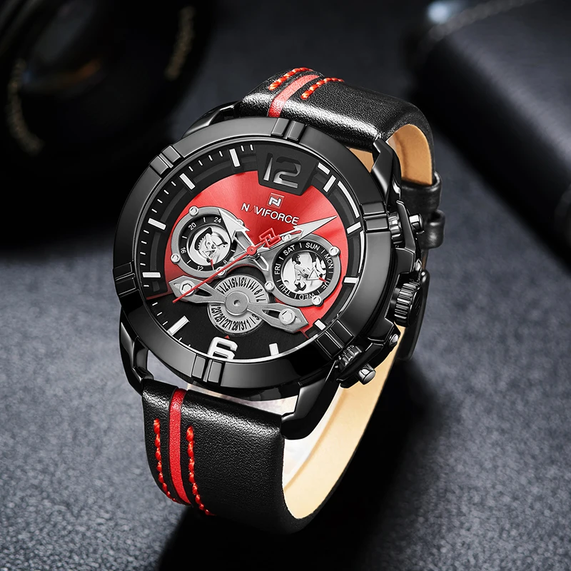 Мужские часы NAVIFORCE роскошные брендовые модные спортивные кварцевые с кожаным