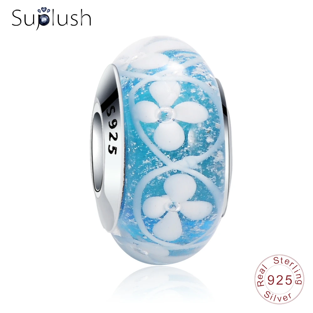 Suplush 925 Стерлинговое серебро розовое поле цветов Шарм муранские стеклянные