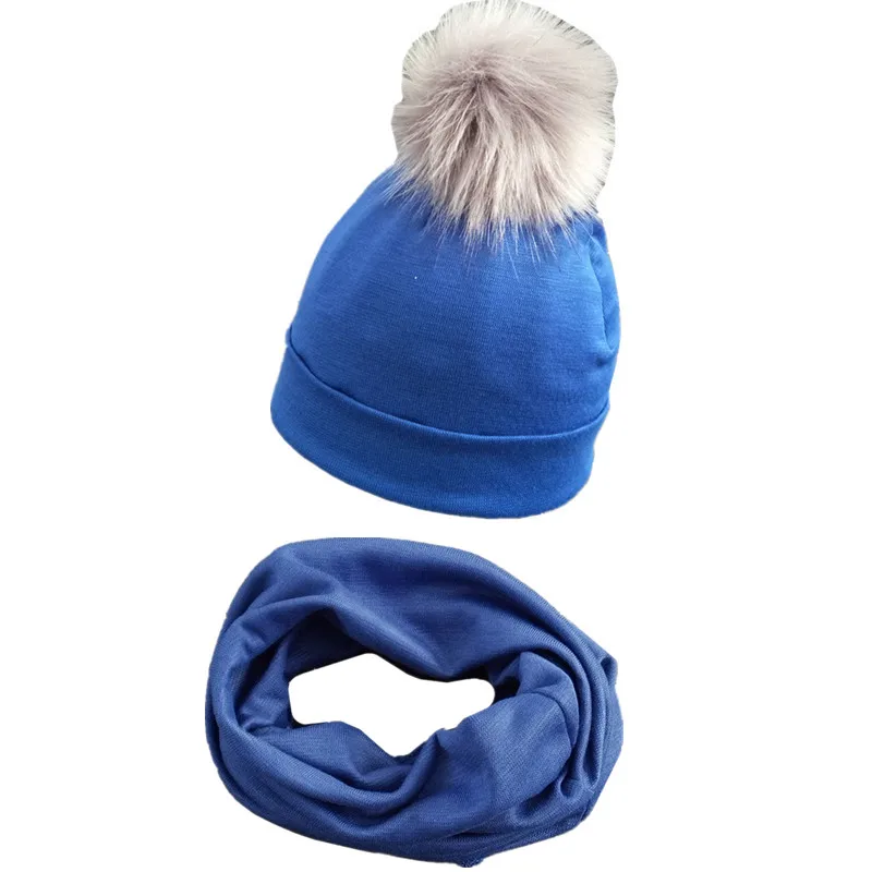 bao blue 2 шт./компл. Новорожденный ребенок Шапки шарф из хлопка Детская помпоном Кепки нагрудники Демисезонный для маленьких мальчиков и девочек Шапки-хомут с круглым воротником для мальчиков и девочек с воротником мягкая Кепки s+ шарф - Цвет: bao blue