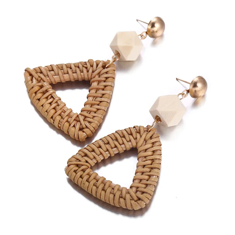 Handmade Woven Bamboo Wicker Straw Rattan Triangle Geometric Statement Earrings Fashion Boho Drop for Women Girls | Украшения и