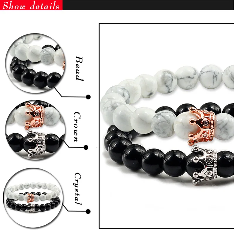 2 шт./компл. модный браслет из чакры с короной белые и черные натуральные камни