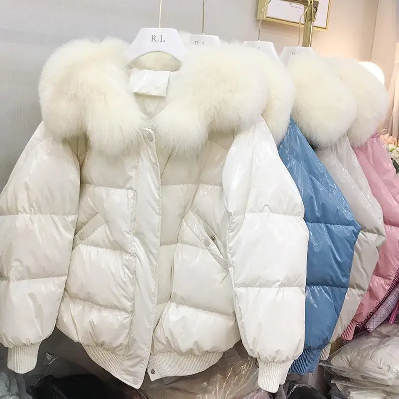 2019 Новая женская однотонная белая утка вниз мода большой Лисий Мех меховой для