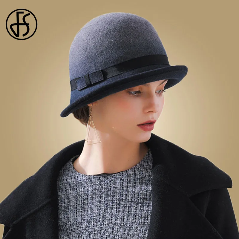 Blue Wool Hat FS синие коричневые шерстяные с широкими полями шерстяные войлочные шляпы-федоры элегантные шляпы для женщин градиентный цвет Дамские зимние котелки - Цвет: Blue Wool Hat