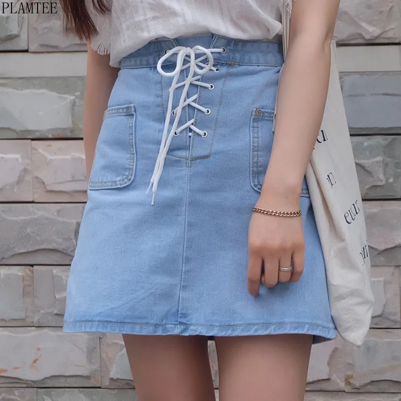 Plamtee двойной карман сплошной Цвет джинсовая юбка трапециевидной формы Jupe Taille Haute