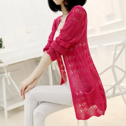 Spring and Autumn new women's hollow knit cardigan sweater long loose (6 colors optional) |