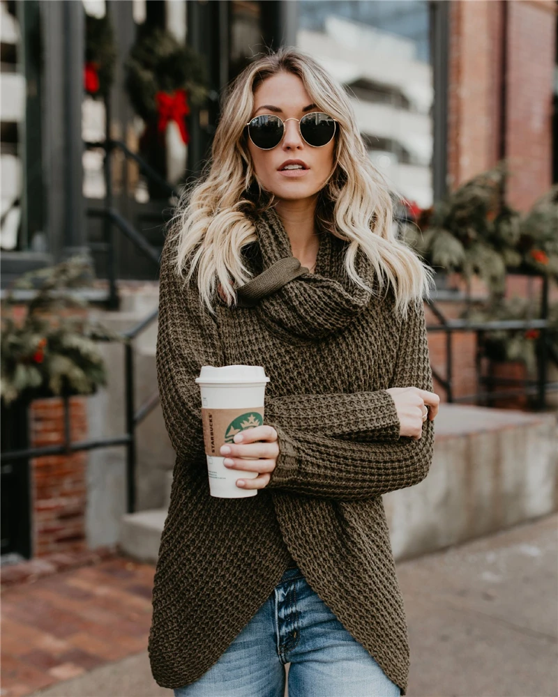 Winter Casual Cardigans Female Thick Knitting Cardigan Scarf Neck Irregular Tops Buttons Streetwear Women Solid Color Sweaters |