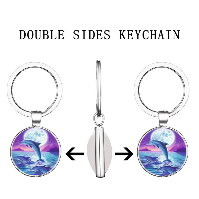 keychain Dolphins Jumping In Moon Double Sides Photo Tibet Silver Cabochon Glass Pendant key rings | Украшения и аксессуары