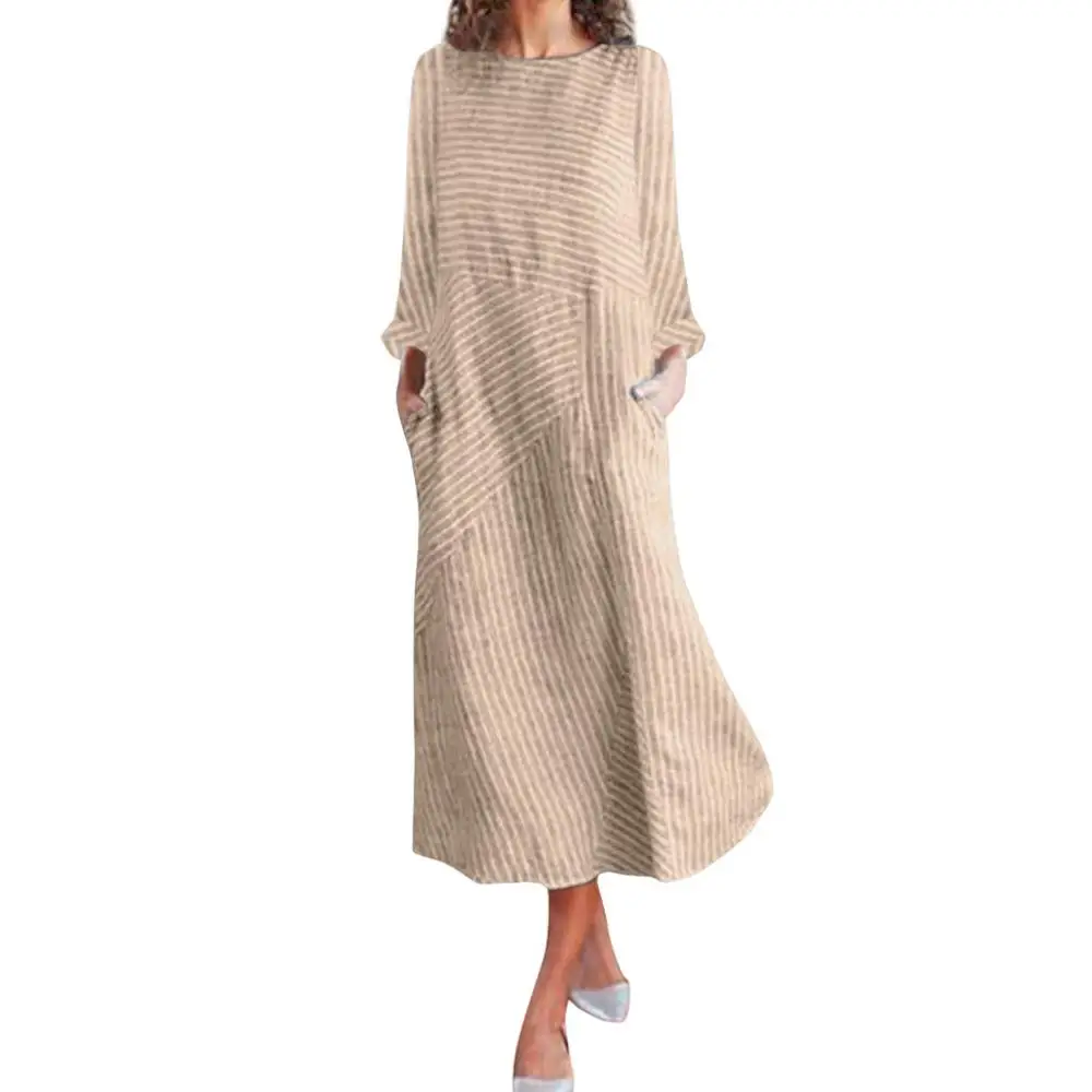 Khaki long sleeve Feitong Горячая распродажа! Модное простое милое женское повседневное Полосатое платье без рукавов с вырезом лодочкой, льняное длинное платье с карманами Vestidos - Цвет: Khaki long sleeve