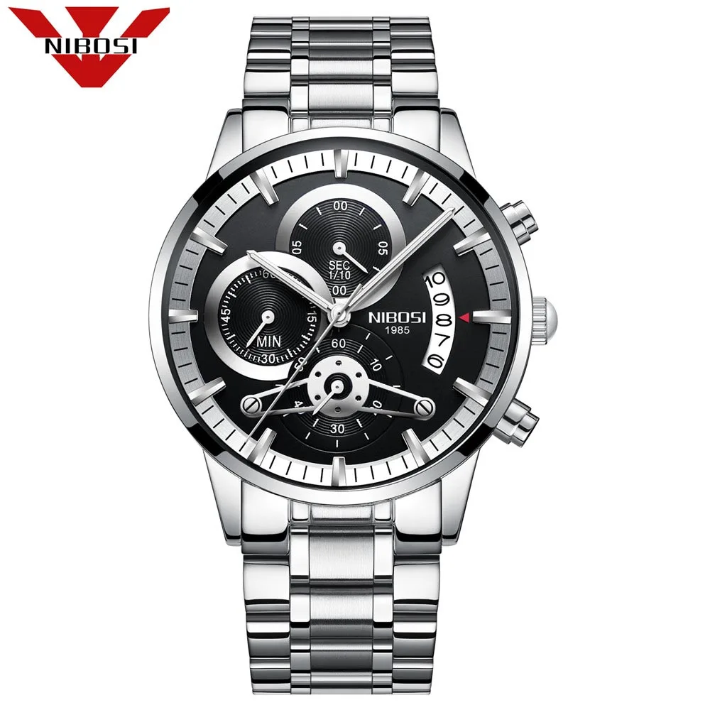 Silver Black Reloje NIBOSI Мужские часы Мужские автоматические кварцевые роскошные мужские часы брендовые водонепроницаемые спортивные часы мужские Relogio Masculino - Цвет: Silver Black