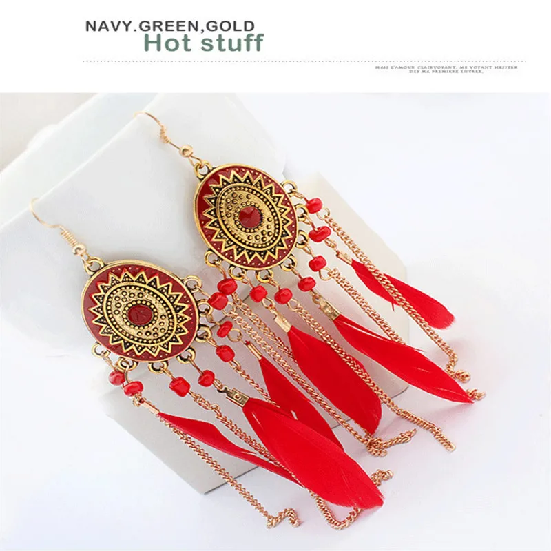 

2021 Fashion Feather Chain Fringed Earrings Long Bohemia Ethnic Customs Hoop Wedding Earrings for Lady Hot Sell