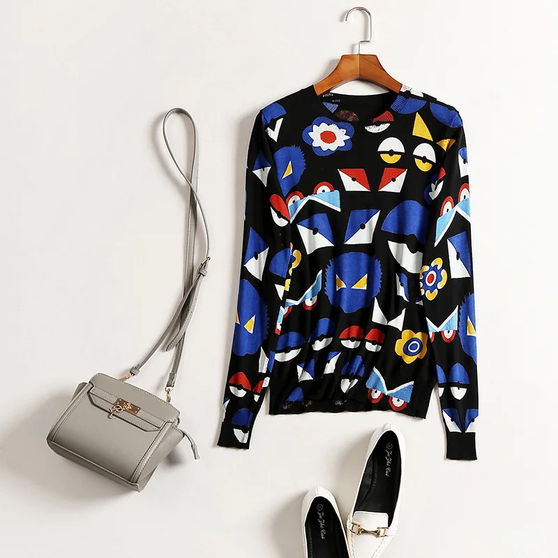 Women's Sweater Pullover Printing Long Sleeve O-Neck England Style 2017 Autumn And Winter Slim Knitted-Sweater-Womens | Женская