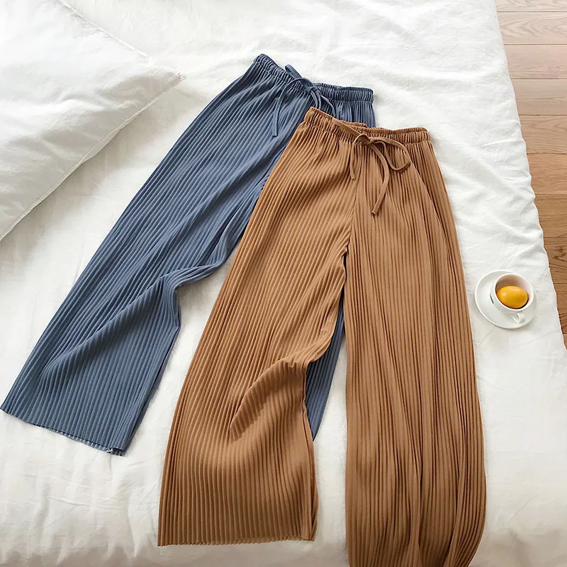 Драпированные широкие брюки с высокой талией женские мягкие летние однотонные