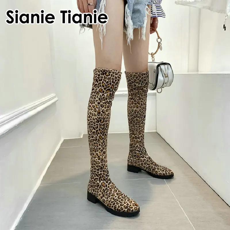 Sianie Tianie/ г., зимние, Осенние, леопардовые, теплые, плюшевые, выше колена, высокие сапоги, эластичные тканевые носки, женские ботфорты
