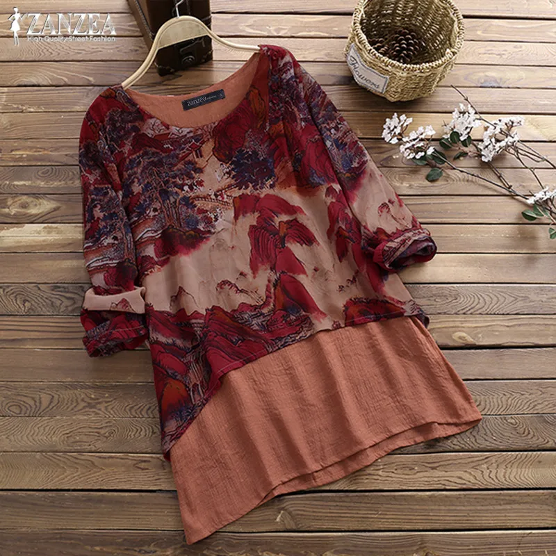 Кафтан Печатные Топы женские асимметричные блузки ZANZEA размера плюс Blusa Винтажная футболка с длинным рукавом Женская сорочка с круглым вырезом