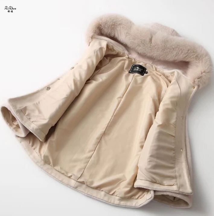 ZiZhen Winter Warm Women's Real Natural Sheep Shearling Fur Coat Wool Solid OverCoat With Fox Tirm Hood 180718-5 | Женская одежда