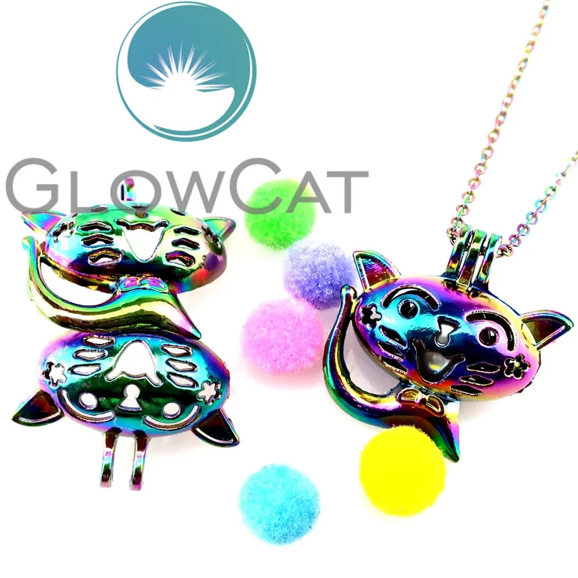 CC758 радужные цвета Улыбка кошка каменные бусины клетка кулон эфирное масло