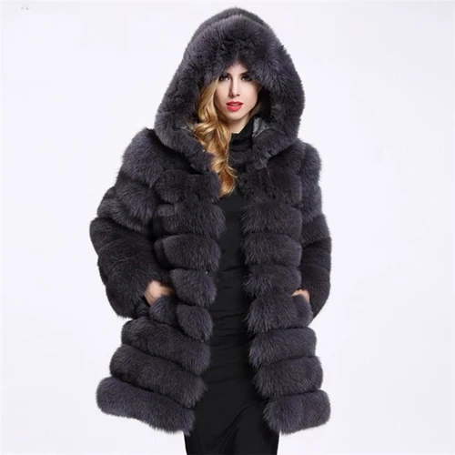 Dark grey ZADORIN Winter Luxury Faux Mink Fur Coat Hooded Women Thick Warm Fluffy Faux Fur Jacket Ladies Coats Black Pink Fur Pele - Цвет: Dark grey