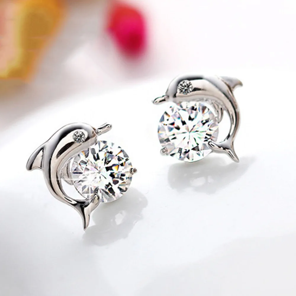 M MISM Cute Dolphin Love Stud Earrings New Korean Style Small Shiny Kolczyki Cubic Zirconia Boucle D'oreille | Украшения и
