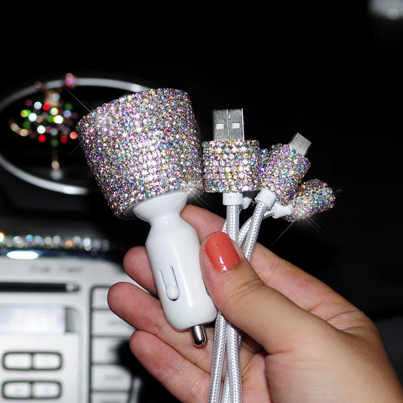 Автомобильное зарядное устройство с двумя usb-портами 3,1 А, автомобильный прикуриватель со стразами, универсальный автомобильный держатель для телефона, usb-кабель для передачи данных, отображение напряжения