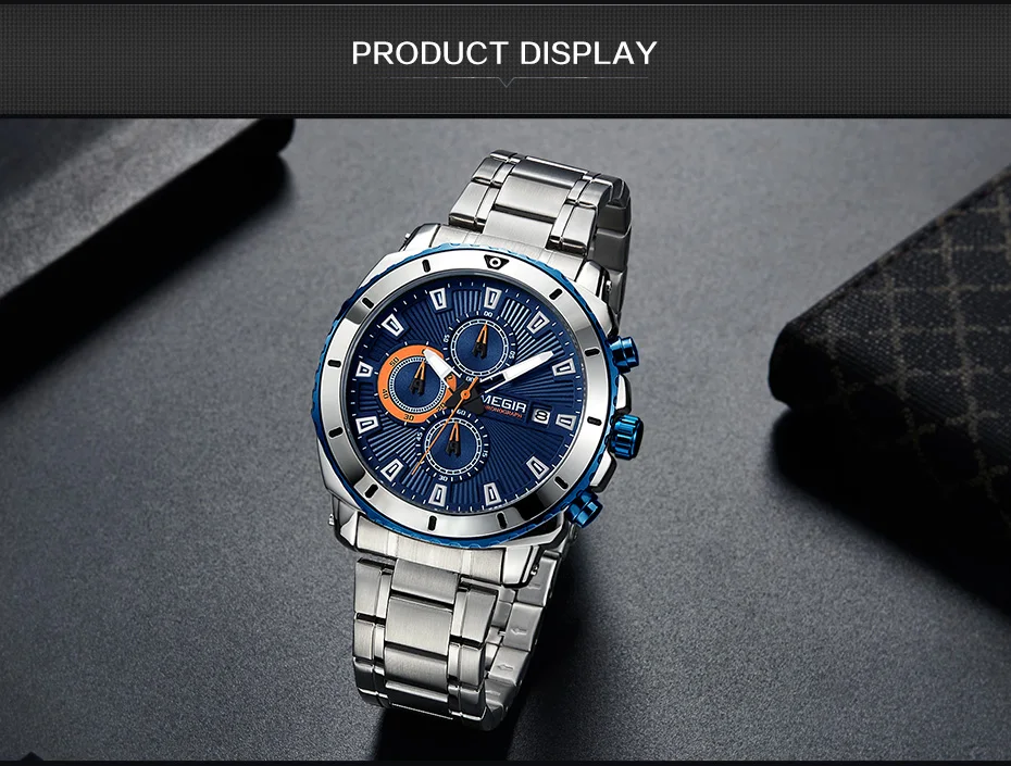 MEGIR Модный бизнес мужские часы лучший бренд класса люкс стали группа смотреть хронограф кварцевые часы водонепроницаемые спорт армия синий часы мужские наручные