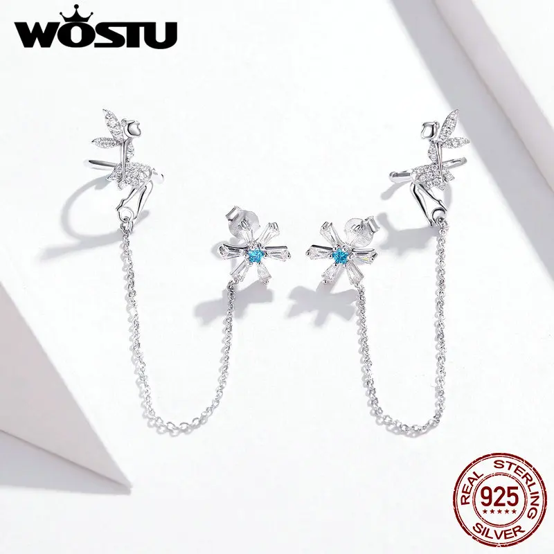 WOSTU 100% Стерлинговое Серебро 925 пробы длинные серьги феи и цветка для женщин