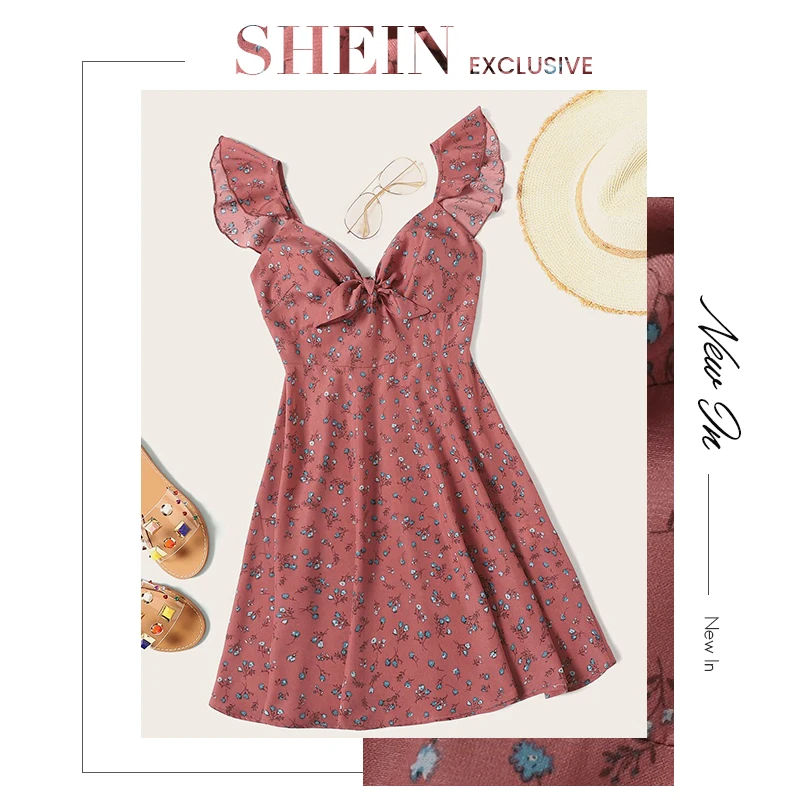 SHEIN, платье размера плюс с оборкой и узлом спереди, платье с цветочным рисунком,, женское летнее платье в стиле бохо, с высокой талией, ТРАПЕЦИЕВИДНОЕ, без рукавов, плюс короткие платья