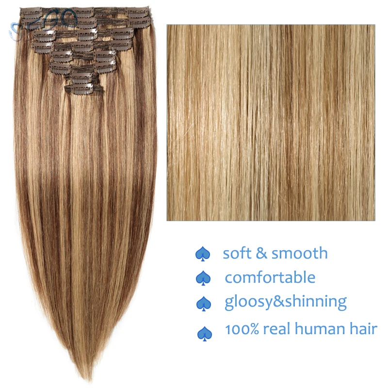 SEGO 1"-24" 110 г-170 г Прямой зажим синтетических Пряди человеческих волос для наращивания 8 шт./компл. волосы на клипсах с двойной прядкой из Non-Remy человеческих волос на зажимах