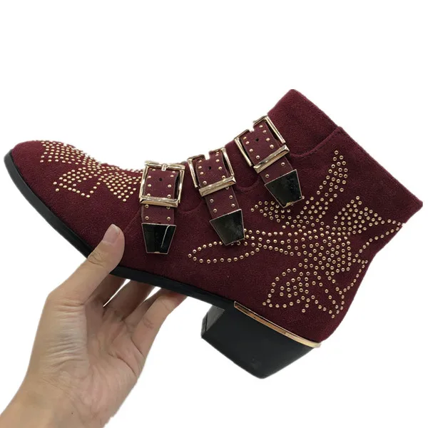 wine red suede Mcacchi/женские ботильоны из натуральной кожи с заклепками золотого и серебряного цвета; Susanna; женские ботильоны с круглым носком и цветочным принтом; Mujer; роскошная женская обувь - Цвет: wine red suede