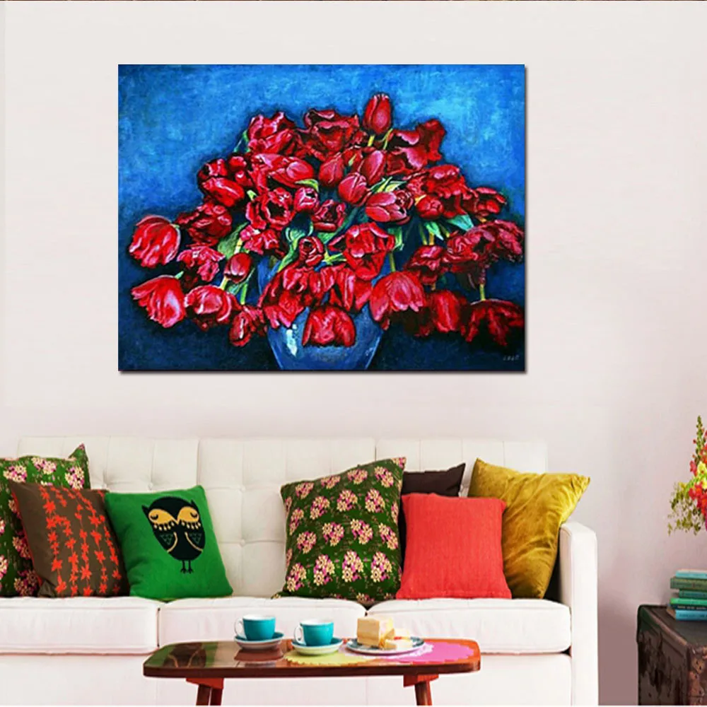 

Handmade Frameless Abstract Impasto Red Tulip Vase Flower Oil Canvas Painting Red Tulip Wall Picture Living Room Home Wall Decor