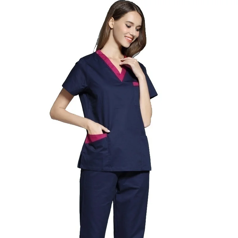 dark blue top Высококачественная Женская медицинская форма, скраб-топ с коротким рукавом, v-образный вырез, цветная блокирующая верхняя хирургическая Аптечная одежда(juat A Top - Цвет: dark blue top