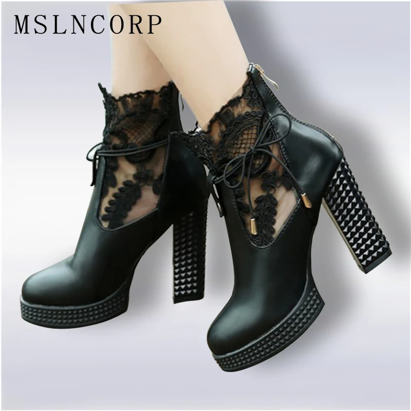 

Plus Size 34-43 New Fashion Women Spring Square Heels Boots Lace net Bowknot High Heels Shoes Ladies Sandals Boots With Zipper