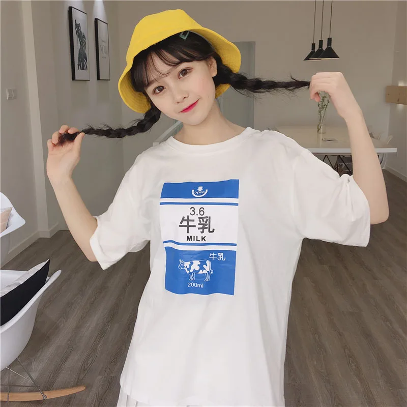 Harajuku Kawaii Strawberry Milk T Shirt Women Summer Korean Ulzzang Cute Short Sleeve Tshirt Tops Schoolgirl Clothes | Женская одежда