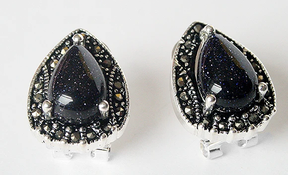 

VINTAGE 925 STERLING SILVER BLUE SAND STONE MARCASITE STUD EARRINGS 15X19MM