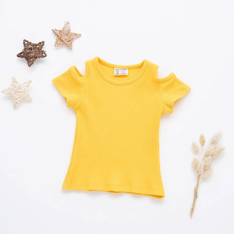 New Summer Baby Girls Candy Color Off-shoulder Short Sleeved Kids T-shirt Cotton Clothes Tops Cute New Cute T-shirt