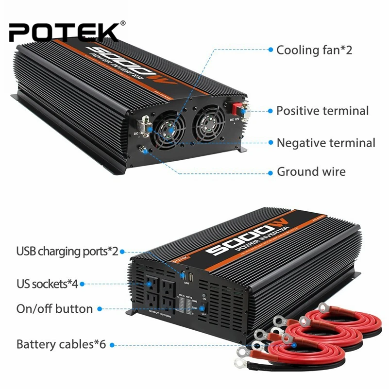 POTEK 5000W Power Inverter Four AC Outlets 12V DC to 110V Car with 2 USB Port | Автомобили и мотоциклы