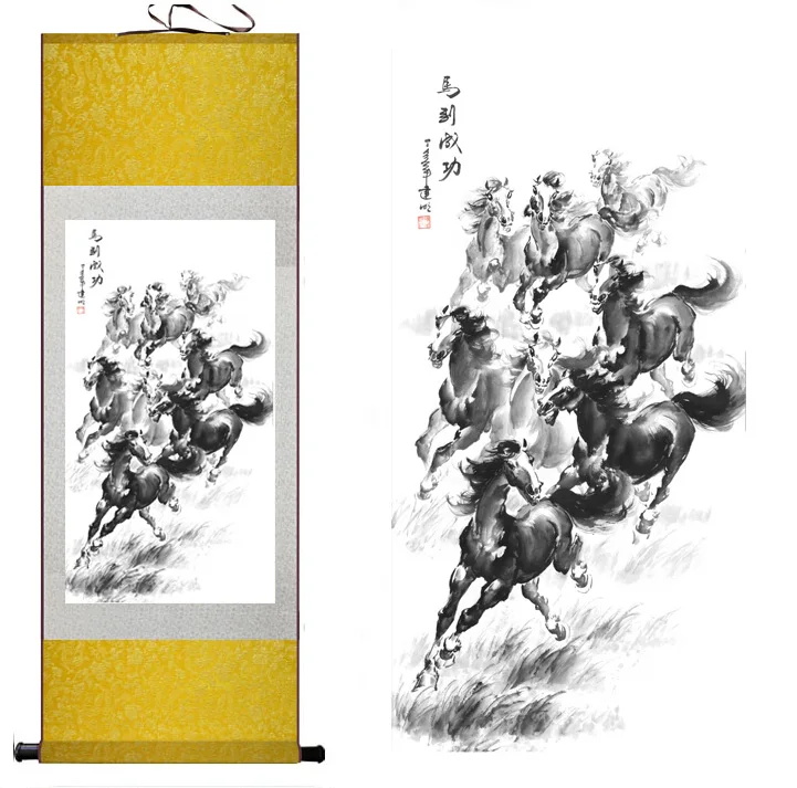 Традиционная китайская живопись лошади шелковый свиток художественная рисунок |