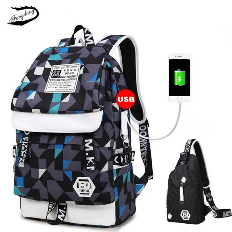 Fengdong 2 шт./компл. Для мужчин USB рюкзак печати школьная сумка для мальчиков
