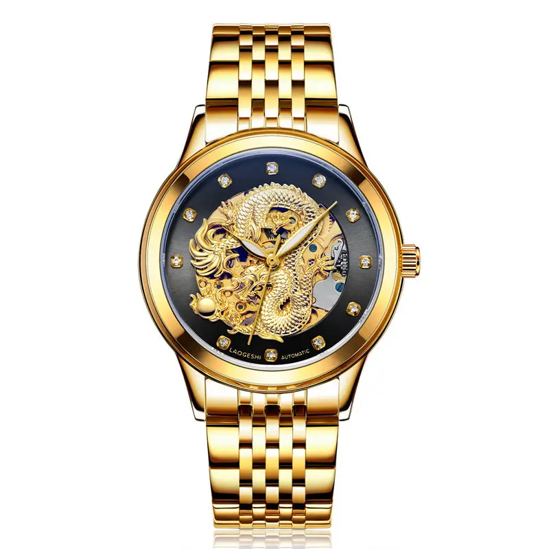 Men Gold black LAOGESHI новые роскошные брендовые золотые часы для пары автоматические механические часы для мужчин и женщин дракон часы с Фениксом новогодние подарки - Цвет: Men Gold black