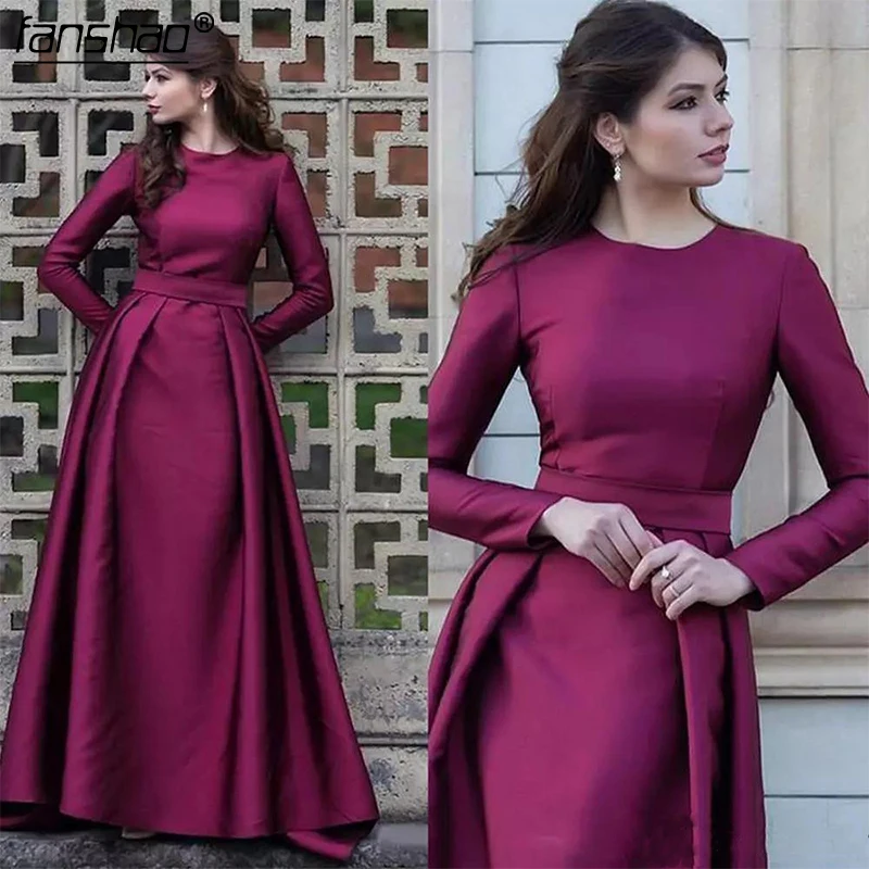 

Satin Long Rose Red Muslim Evening Dresses New Arrivals Long Sleeves Formal Prom Party Gowns