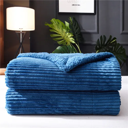 peacock blue IDouillet теплое плотное двустороннее флисовое покрывало из шерпы в полоску, Скульптурное покрывало для дивана, дивана, бархата, покрывало 150*200 см, 200*230 см - Цвет: peacock blue