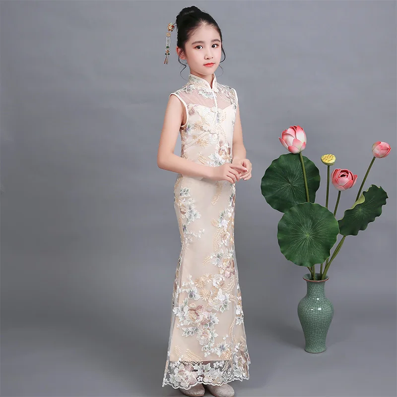 Children qipao long elegant slit dress mermaid fishtail girl cheongsam summer chinese style evening tang suit princess lace kid | Детская