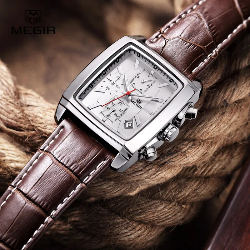 Мужские спортивные кварцевые часы с хронографом из натуральной кожи | Наручные