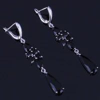 superior water drop black cubic zirconia silver plated drop dangle earrings v0816