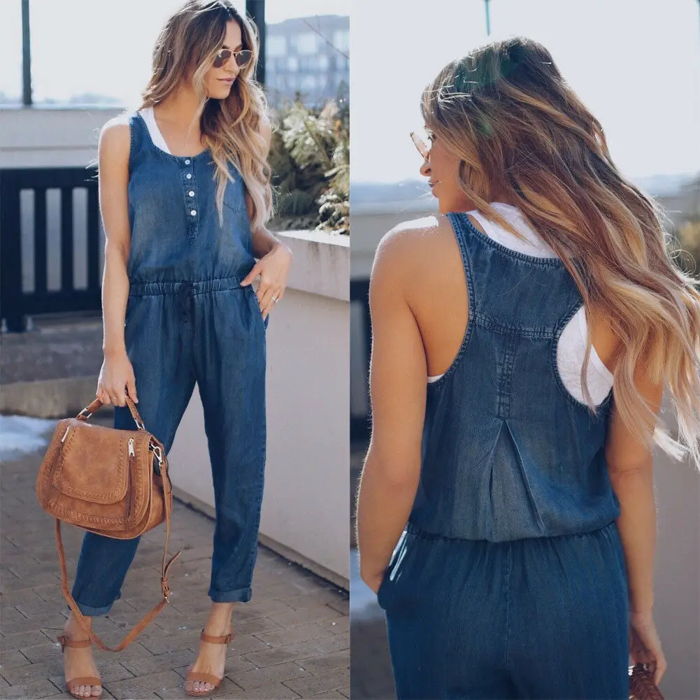 

Denim Wash Overall For Summer Lady Women Fashion Cool Street Blue Plain Women Sleeveless Loose Jeans Jumpsuit Long Pants Rompers